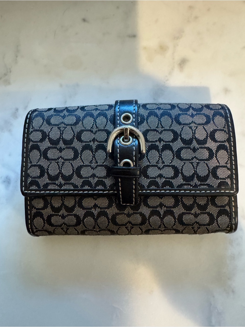 Coach Black and Gray Signature Canvas Buckle Wallet
